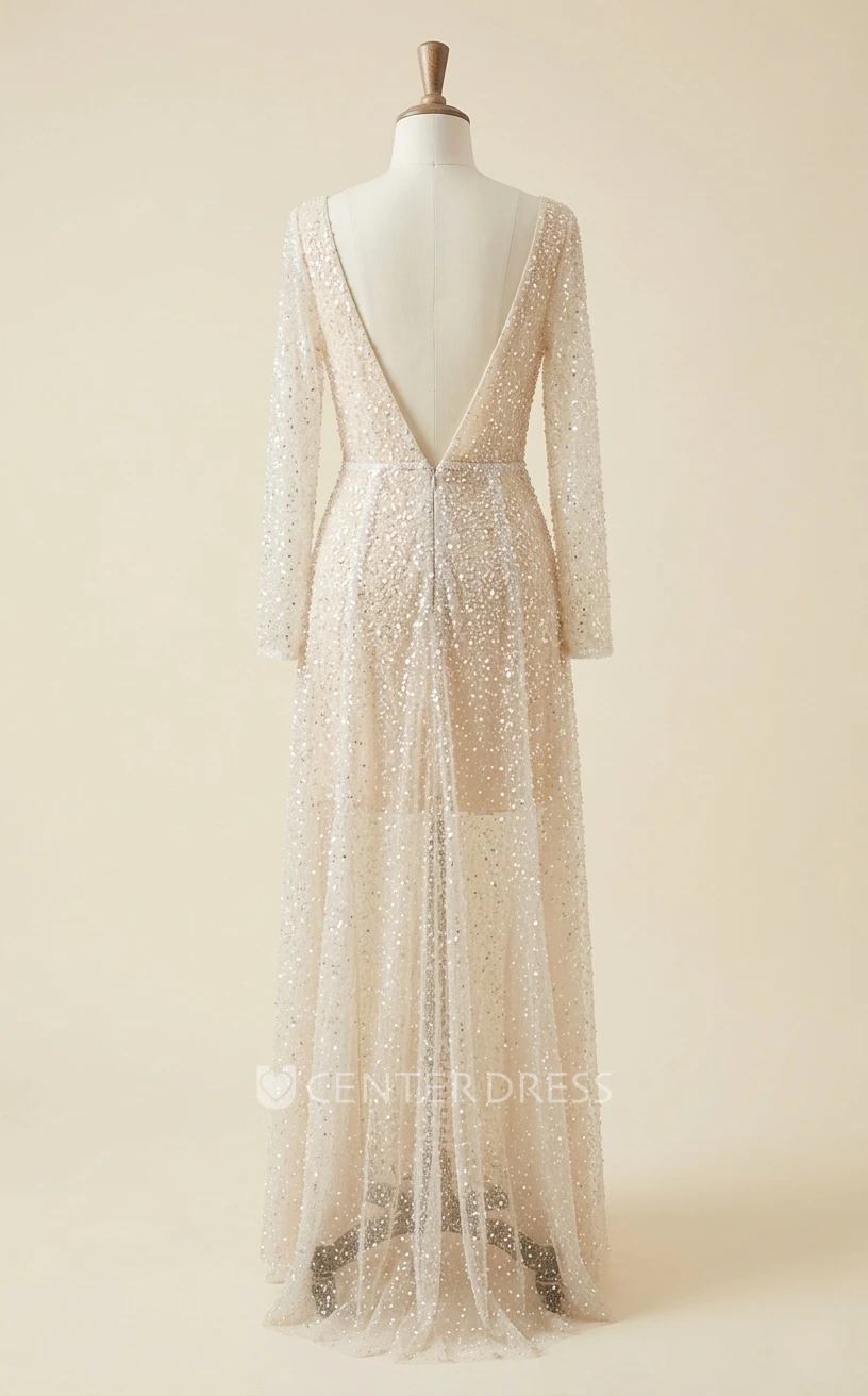 Sparkly Beach A-Line Floor Length Wedding Dress Casual Long Sleeve V-Neck Spring Bridal Gown