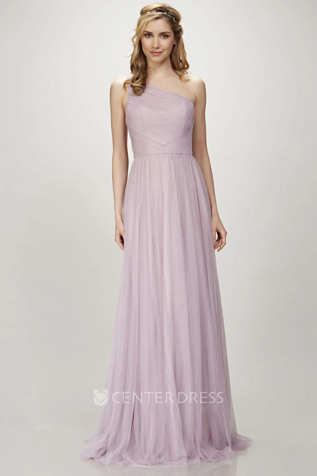 One-Shoulder Sleeveless Ruched Tulle Bridesmaid Dress With Brush Train