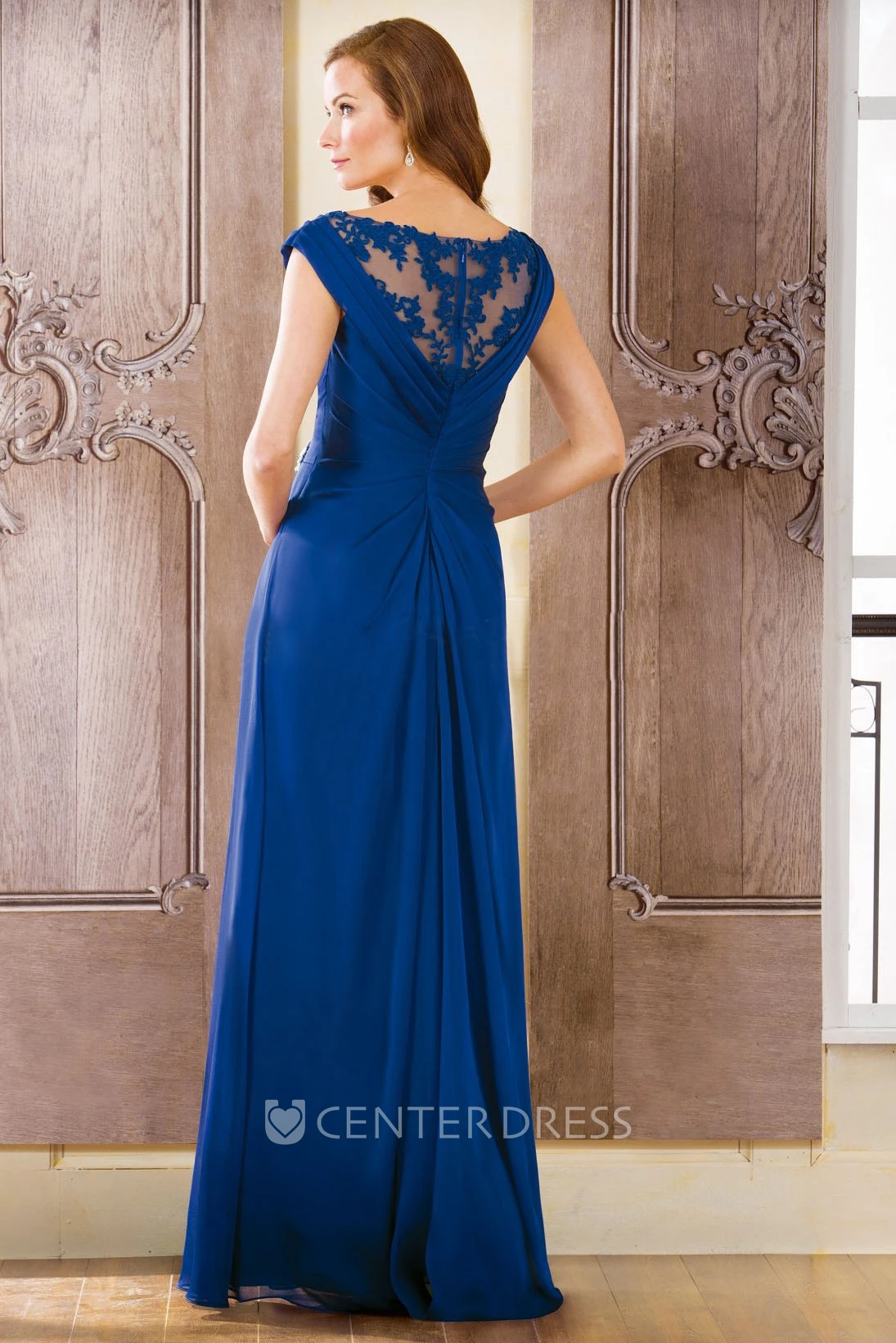 Cap-Sleeved Scoop-Neck Long Mother Of The Bride Dress With Beadings And Illusion Back