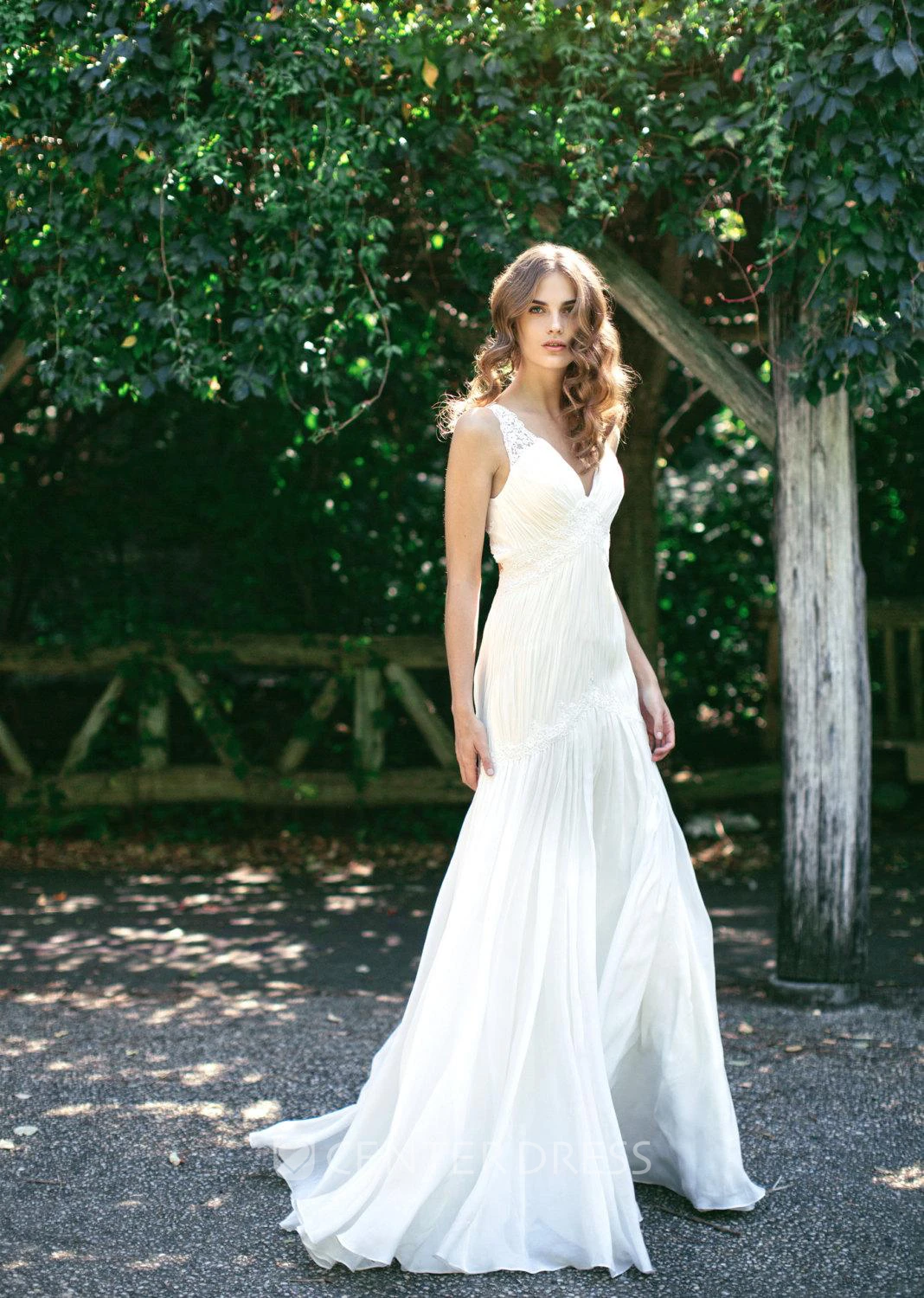 V-Neck Sleeveless Chiffon Wedding Dress With Ruching and Dropped Waist