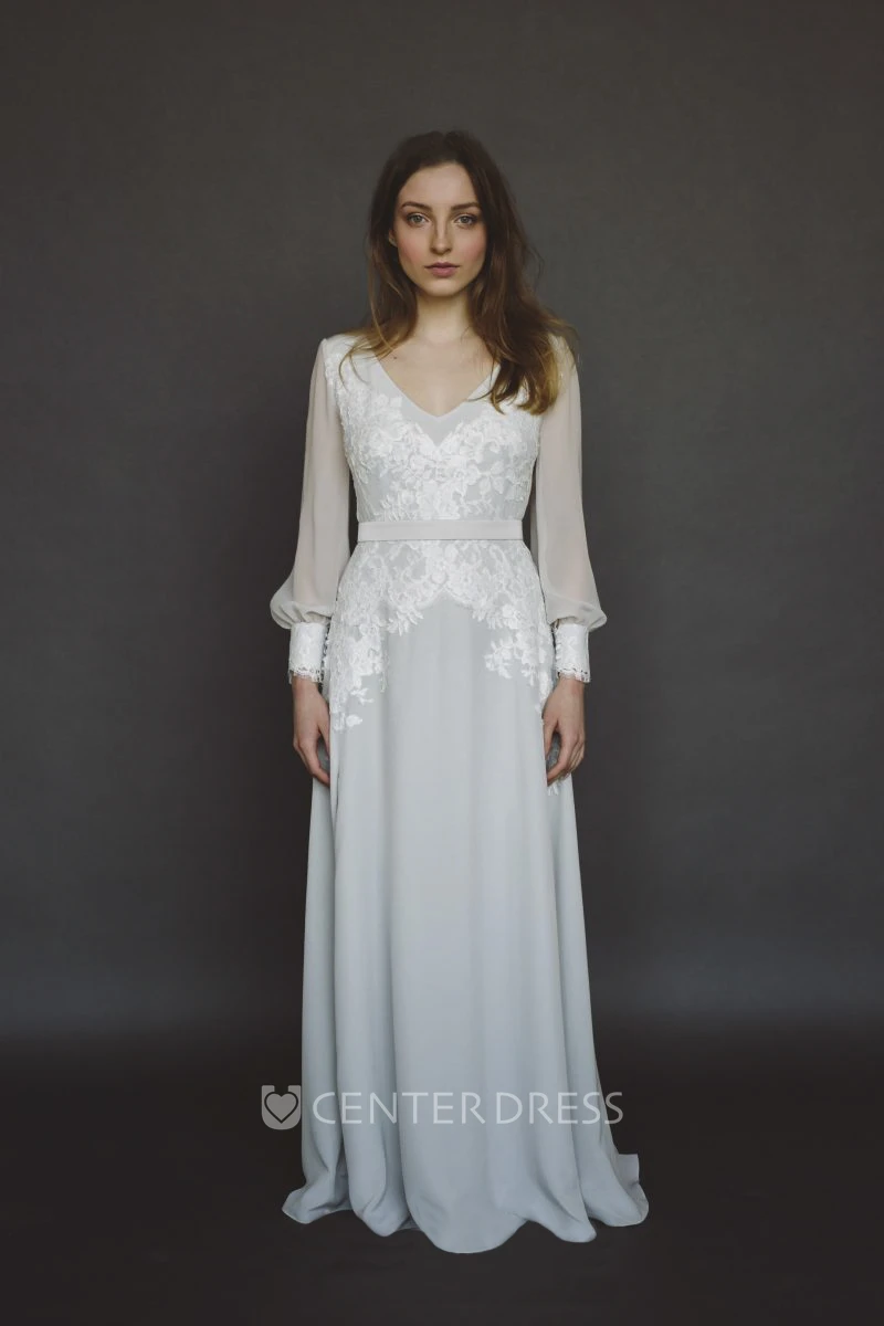 Lace Appliqued Split Chiffon Wedding Gown With Long Poet Sleeve And V-neck