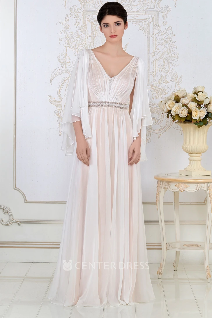 A-Line Poet-Sleeve Beaded V-Neck Floor-Length Tulle Evening Dress With Ruching