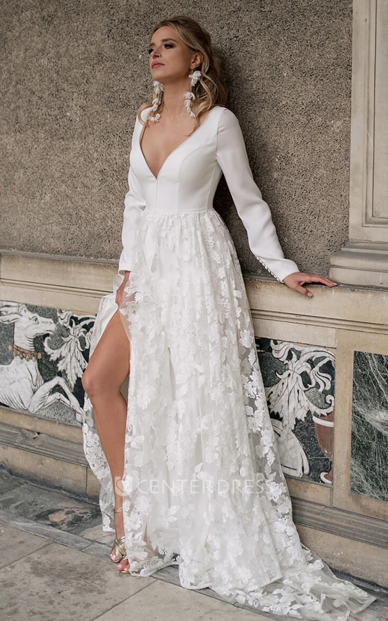Lace A-Line Beach Winter Wedding Dress V-neck Appliques Elegant Classy 2025 Women