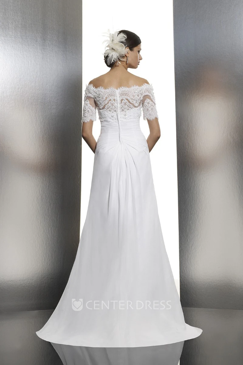 Sheath Short-Sleeve Off-The-Shoulder Appliqued Floor-Length Chiffon Wedding Dress With Beading And Broach