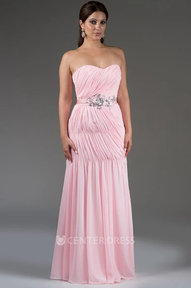 Ruched Sweetheart Chiffon Long Bridesmaid Dress With Sequined Satin Sash