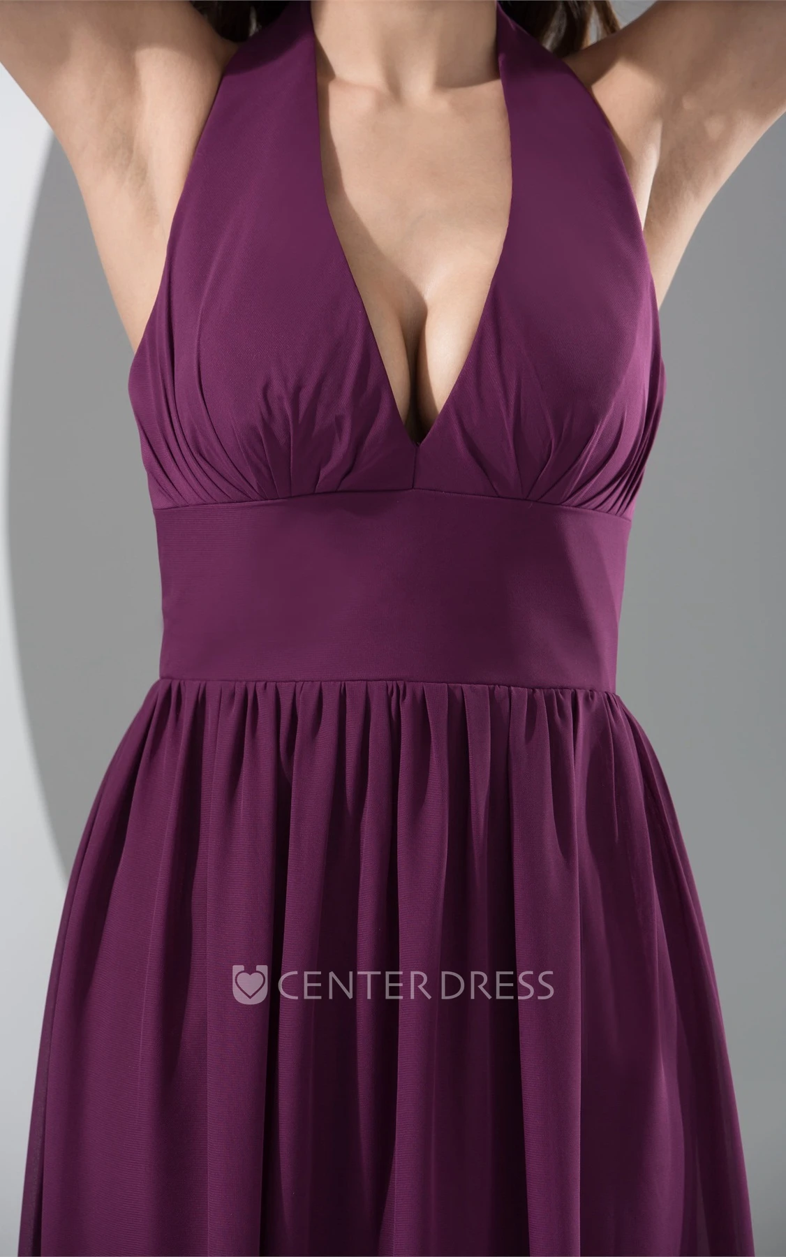 Halter Plunged Backless Chiffon A Line Maxi Formal Dress with Pleats