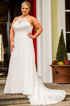 High Neck Sleeveless Lace Bridal Gown With Lace Up And Keyhole