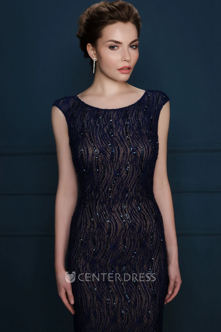 Sheath Sequined Cap-Sleeve Scoop-Neck Long Evening Dress