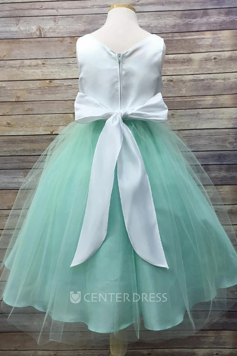 V-Neck Tea-Length Beaded Tulle&Satin Flower Girl Dress