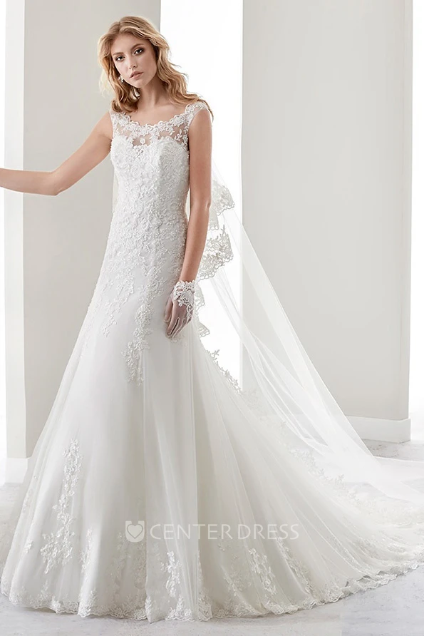 Scooped-Neck Brush-Train Lace Gown With Cap Sleeves And Illusive Neckline And Back