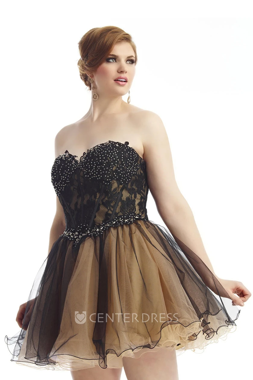 A-line Short Sweetheart Sleeveless Tulle Lace Appliques Beading Lace-up/Corset Back Dress