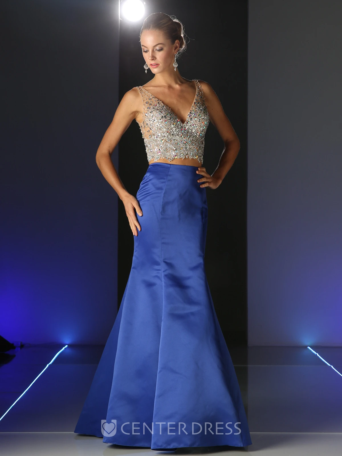Two-Piece Mermaid Floor-Length V-Neck Sleeveless Satin Low-V Back Dress With Beading