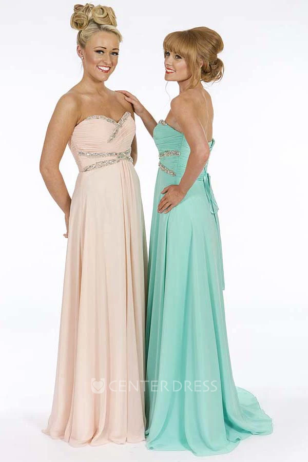 A-Line Sweetheart Long Ruched Sleeveless Chiffon Prom Dress With Beading