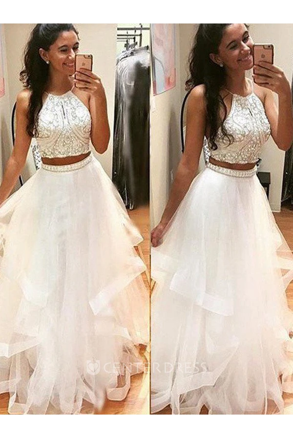 Sleeveless Floor-length A-Line Halter Tulle Dress