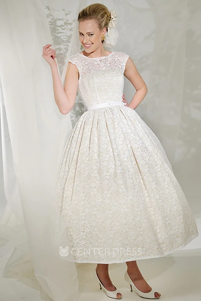 Tea-Length A-Line Cap Sleeve Ribboned Scoop Neck Lace Wedding Dress