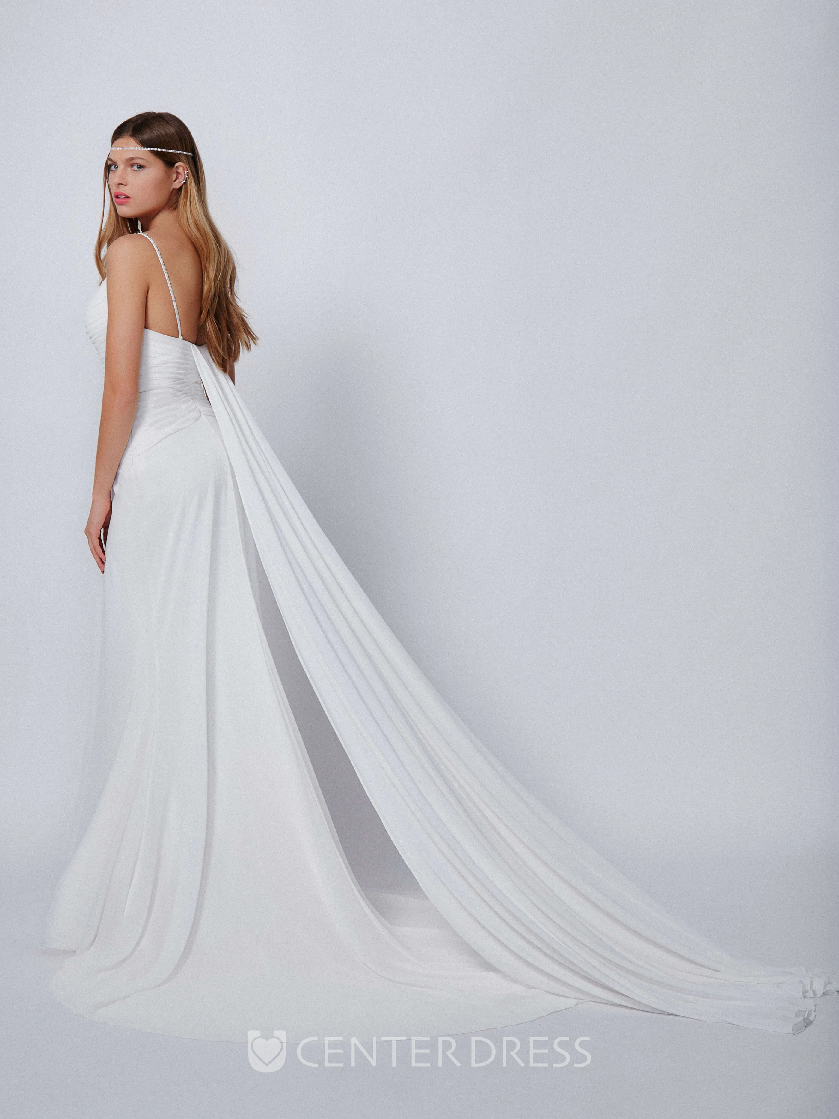 Sheath Maxi Spaghetti Ruched Sleeveless Chiffon Wedding Dress With Beading