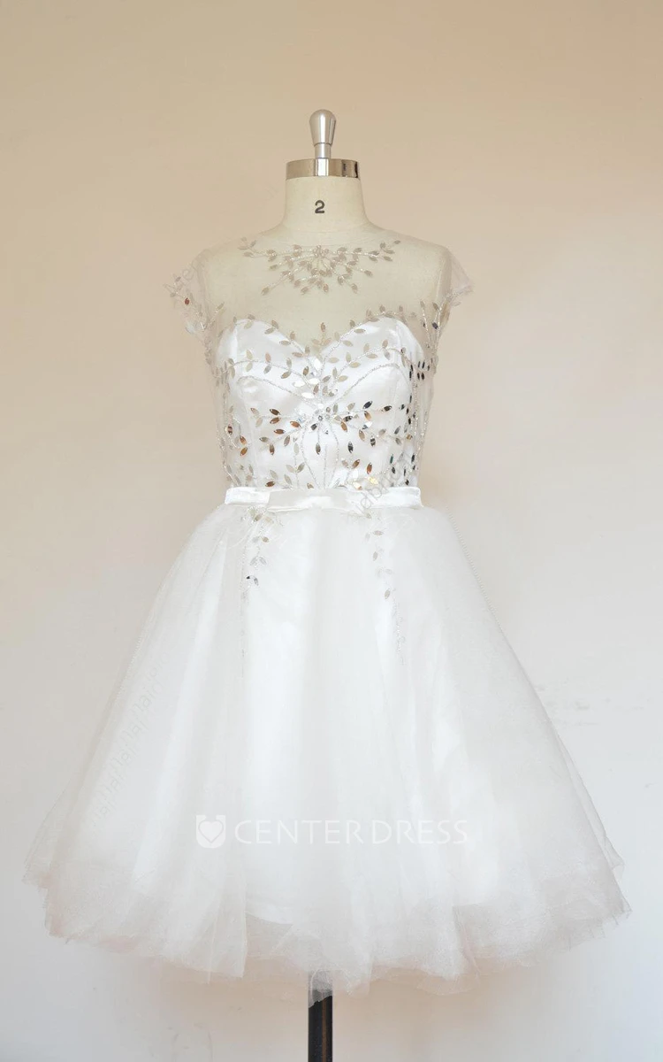 Knee-Length Cap Sleeve Tulle Satin Dress With Beading