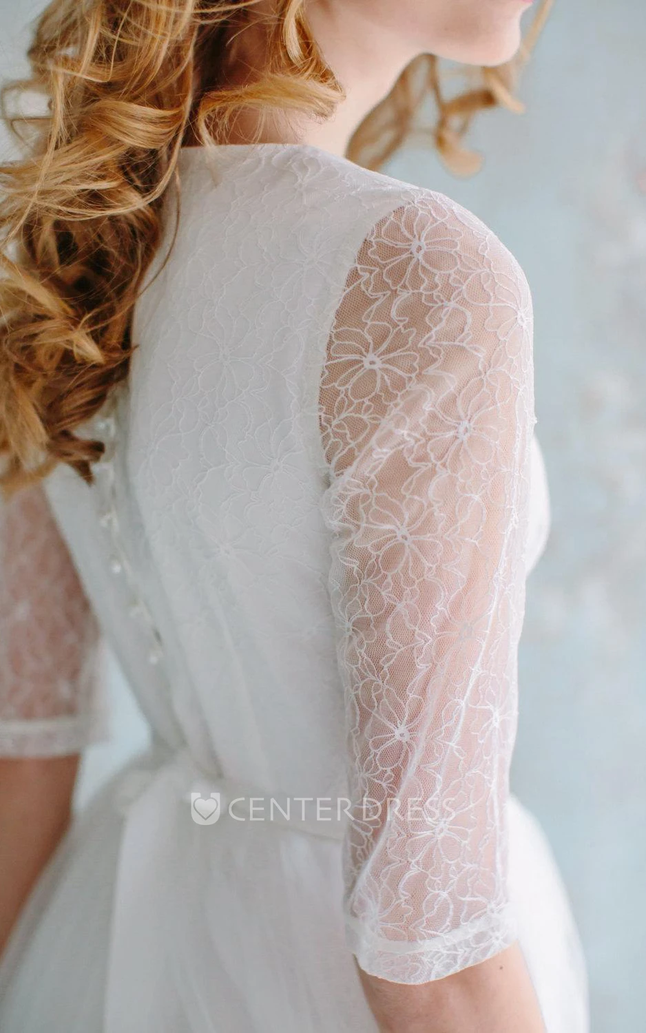 A-Line Long Tulle Lace Satin Dress With Flower Button