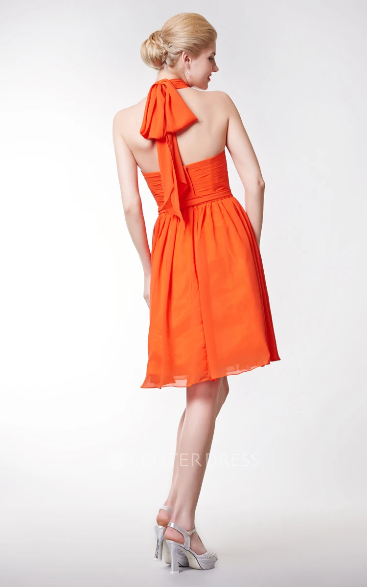 Sexy Halter Neck Empire Short Chiffon Dress With Bow