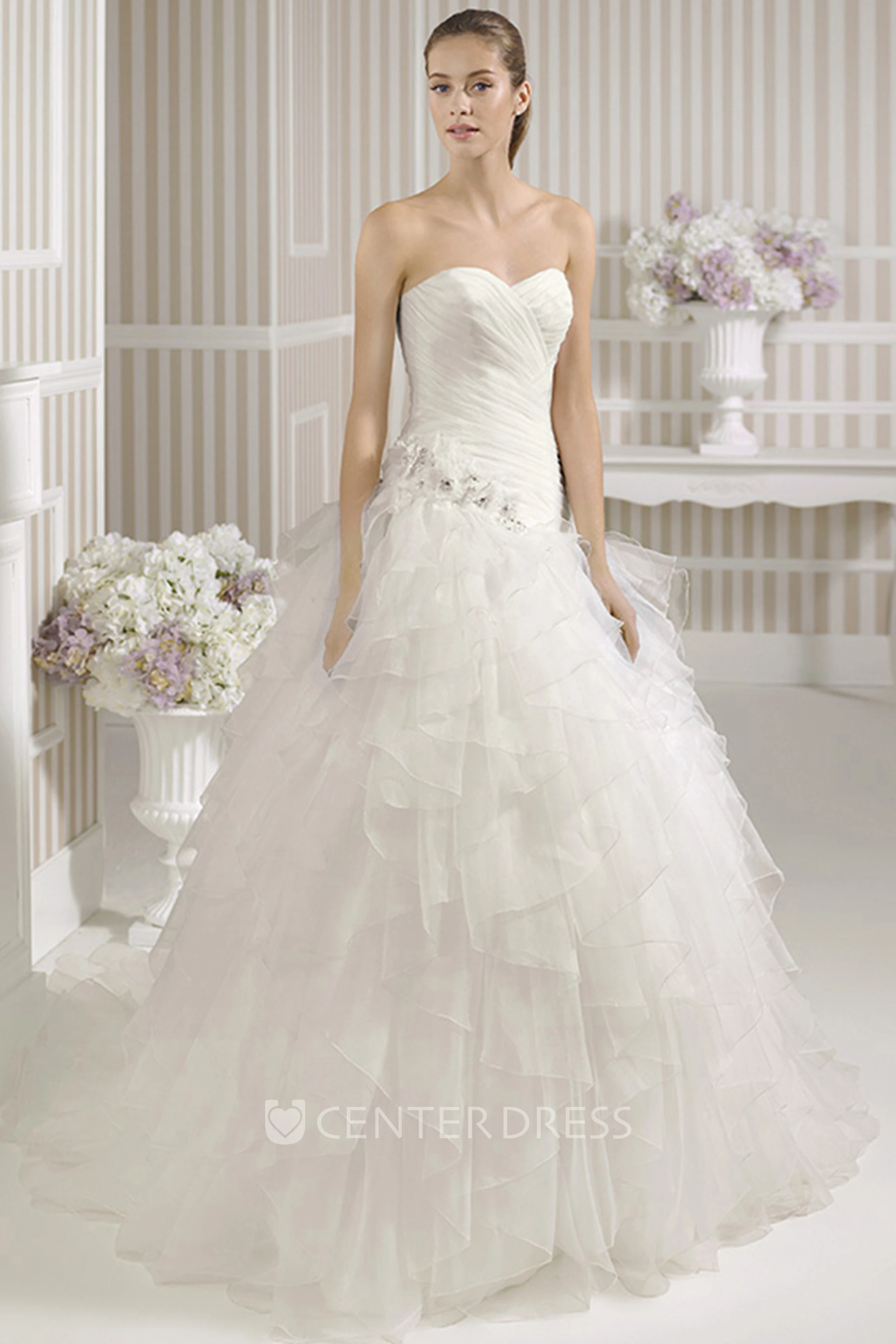 Ball Gown Ruffled Sweetheart Organza Wedding Dress With Criss Cross And Flower