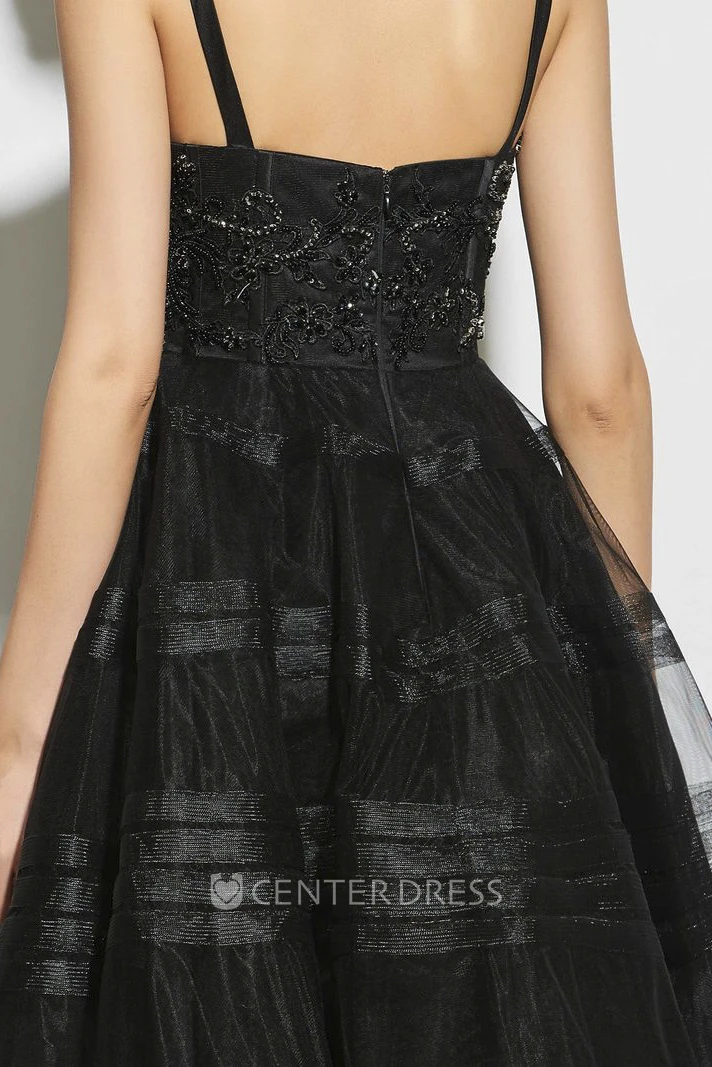 Cute Beaded A-line Tea-length Straps Vintage Boned Dress With Sweetheart Neckline