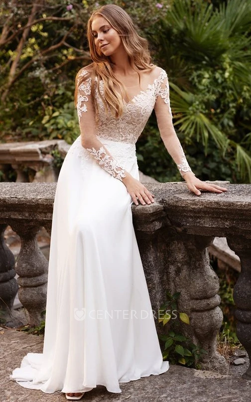 Satin Lace Bateau A Line Long Sleeve Sweep Train Illusion Wedding Dress With Appliques