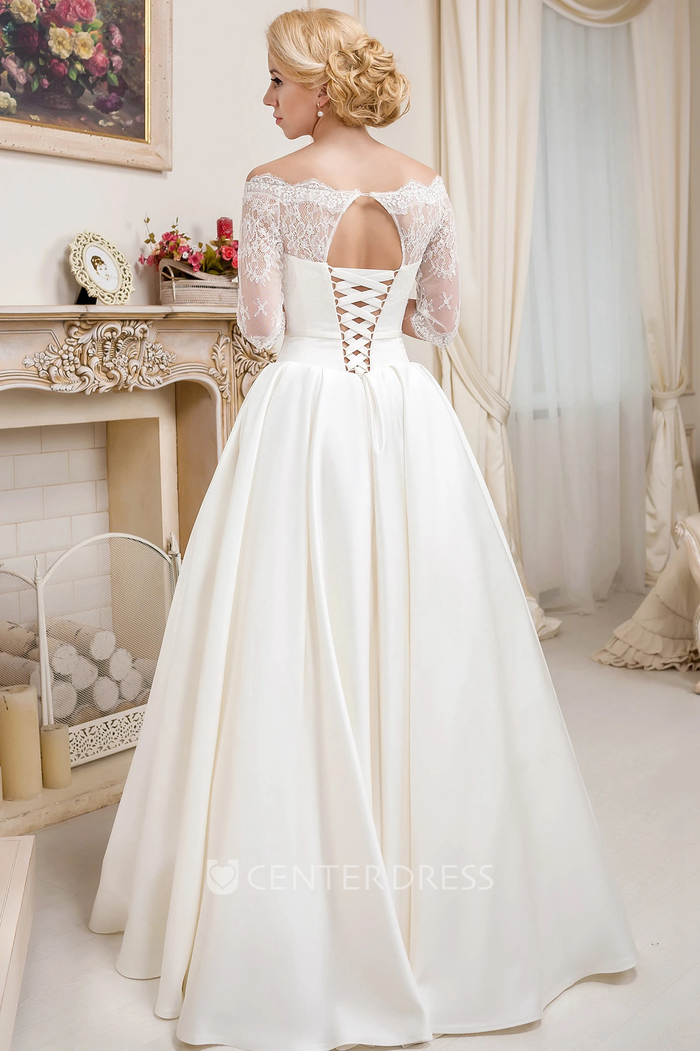 Off-The-Shoulder Floor-Length Half-Sleeve Lace Satin Wedding Dress