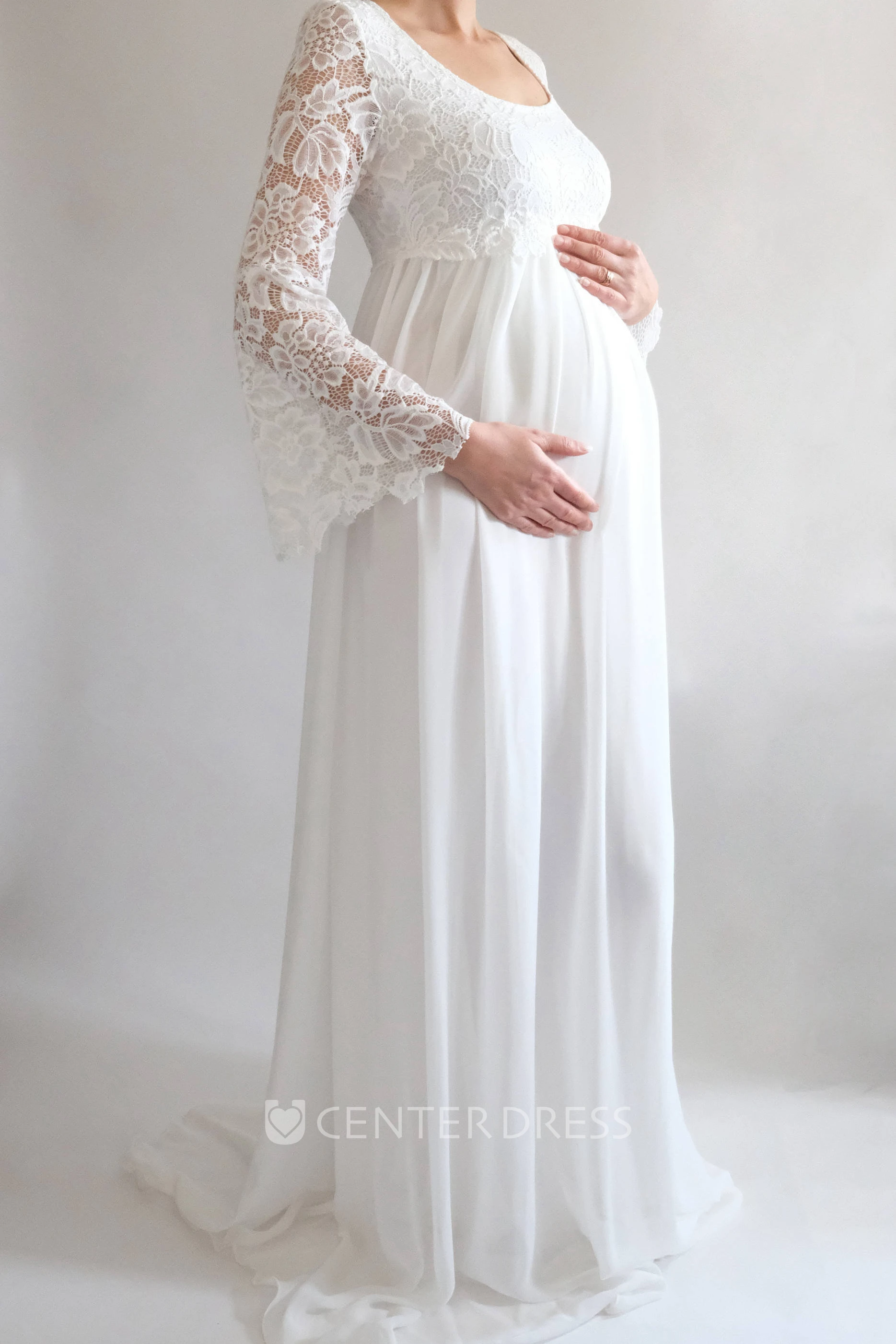 A-Line Sweep Brush Train Long Sleeve Empire Maternity Spring Wedding Dress