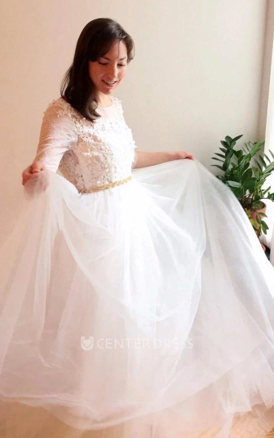 3-4 Sleeve Lace Weddig Dress With Flower