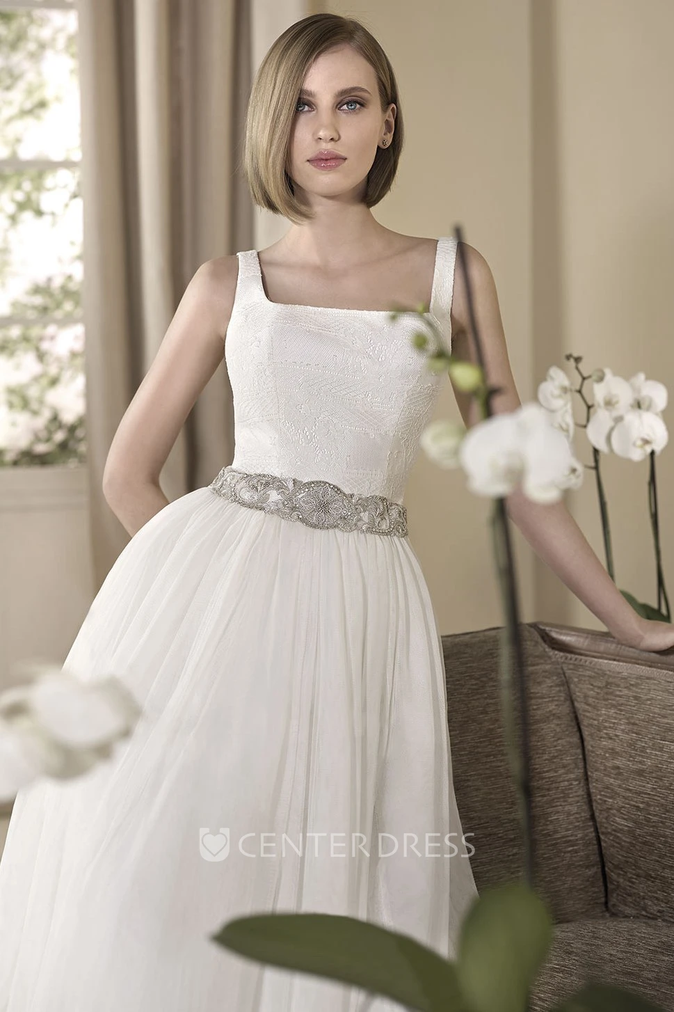 A-Line Jeweled Sleeveless Long Square-Neck Tulle Wedding Dress With Pleats