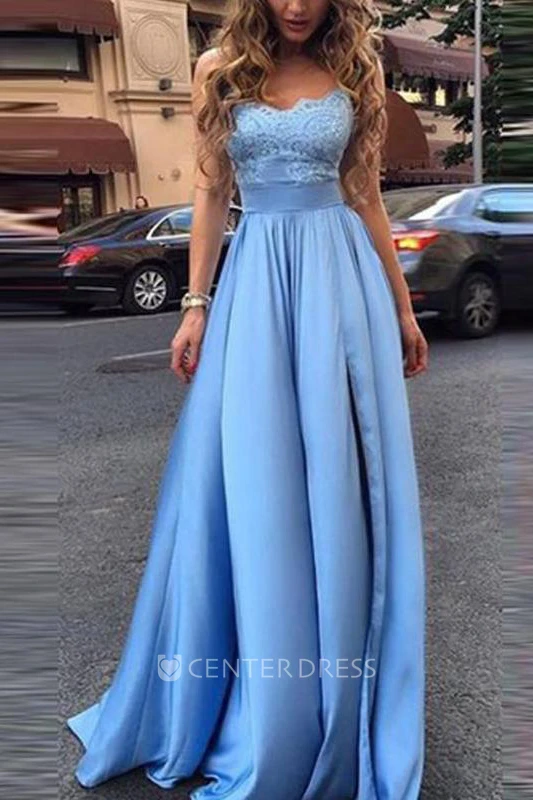 Sleeveless Floor-length A-Line Sweetheart Satin Lace Dress