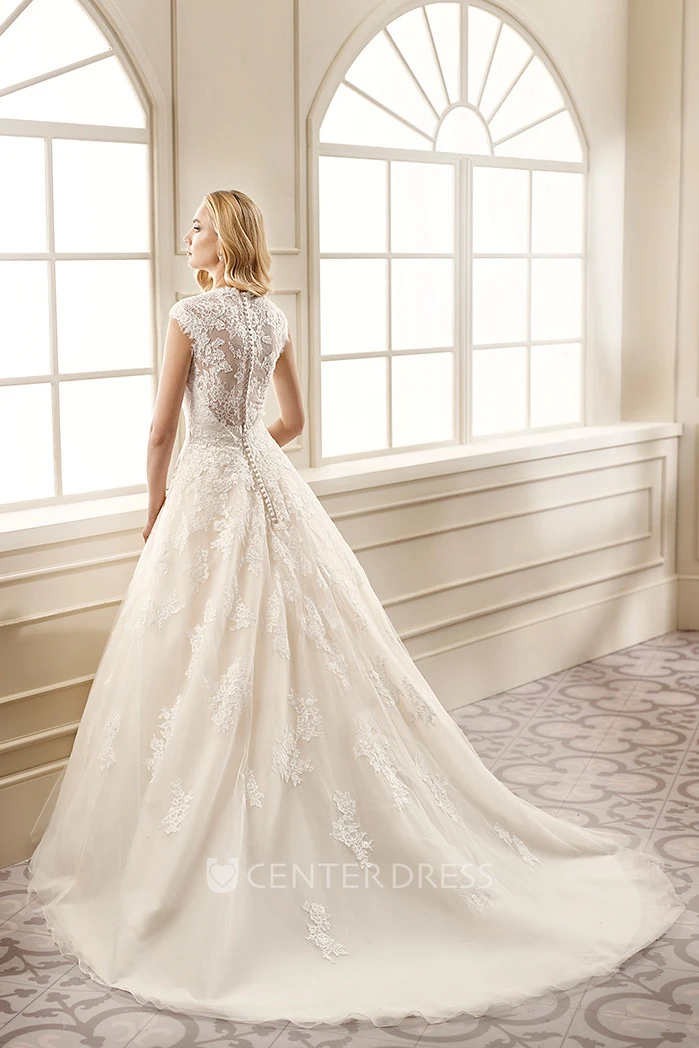 Ball Gown V-Neck Long Appliqued Cap-Sleeve Lace&Satin Wedding Dress