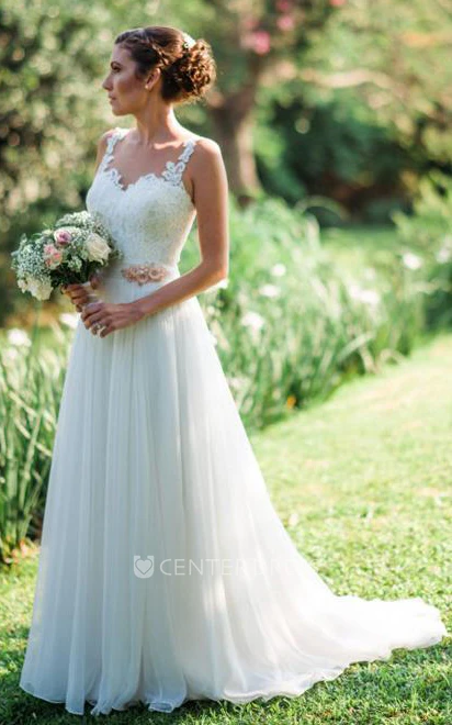 Modern Chiffon Lace Straps Floor-length Brush Train Sleeveless A Line Wedding Dress