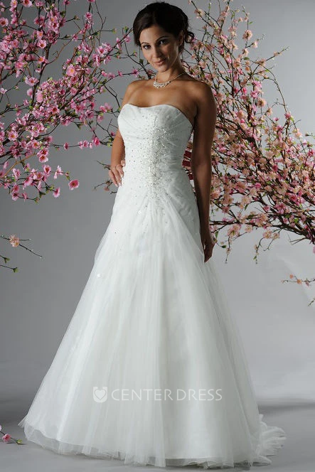 Strapless Crystal Top A-Line Bridal Gown With Tulle Skirt