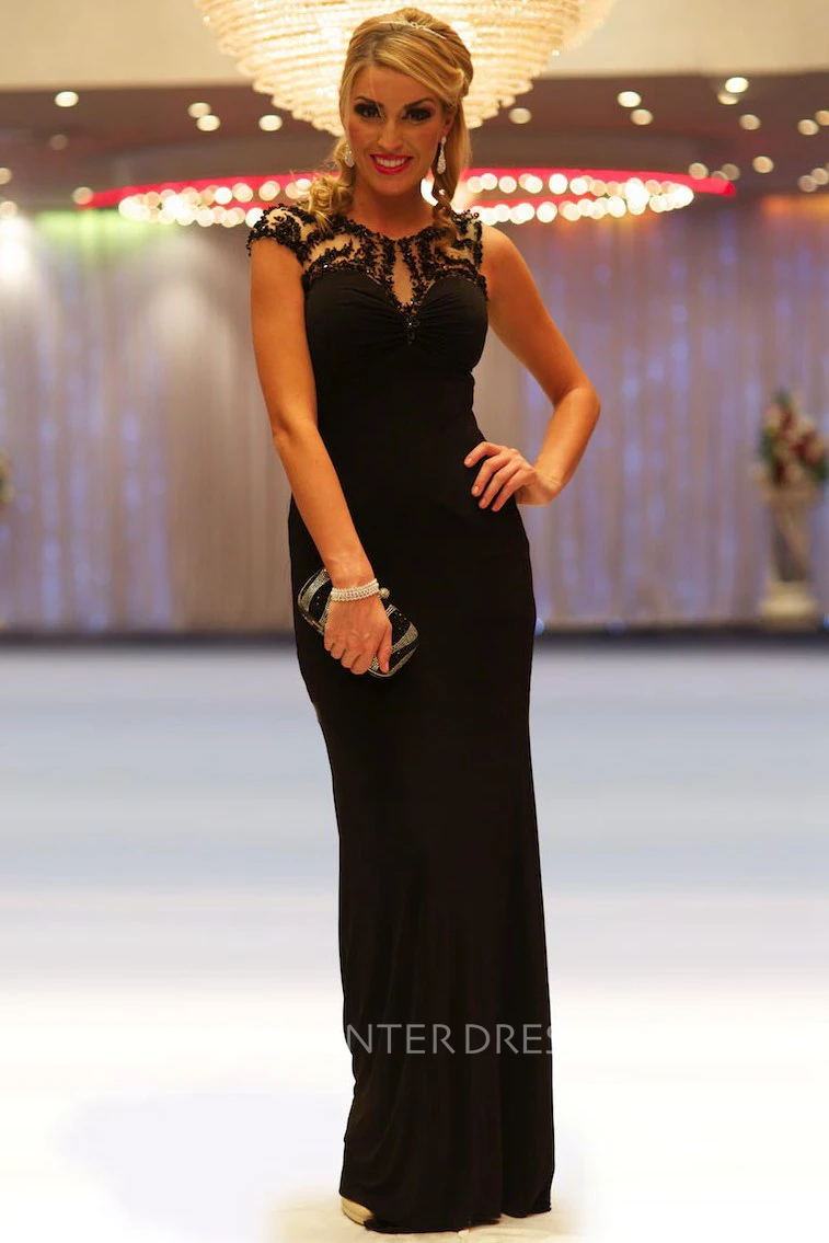 Sheath Beaded Floor-Length Scoop-Neck Cap-Sleeve Chiffon Prom Dress