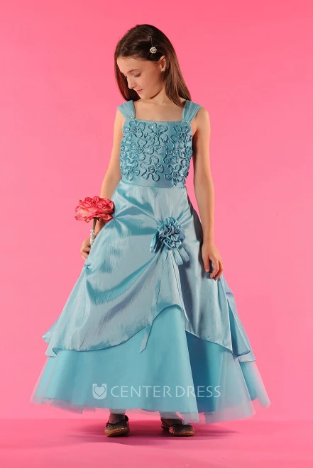 Flower Girl Square Neck A-line Taffeta Wrapped Tulle Gown With Flowers