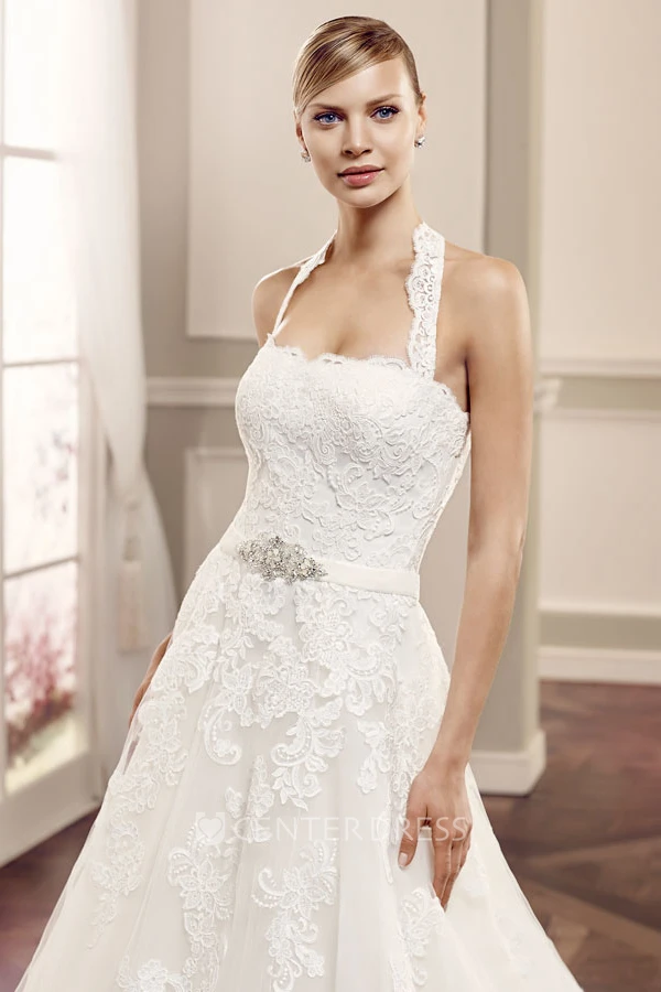 Ball-Gown Sleeveless Floor-Length Halter Appliqued Lace Wedding Dress With Waist Jewellery