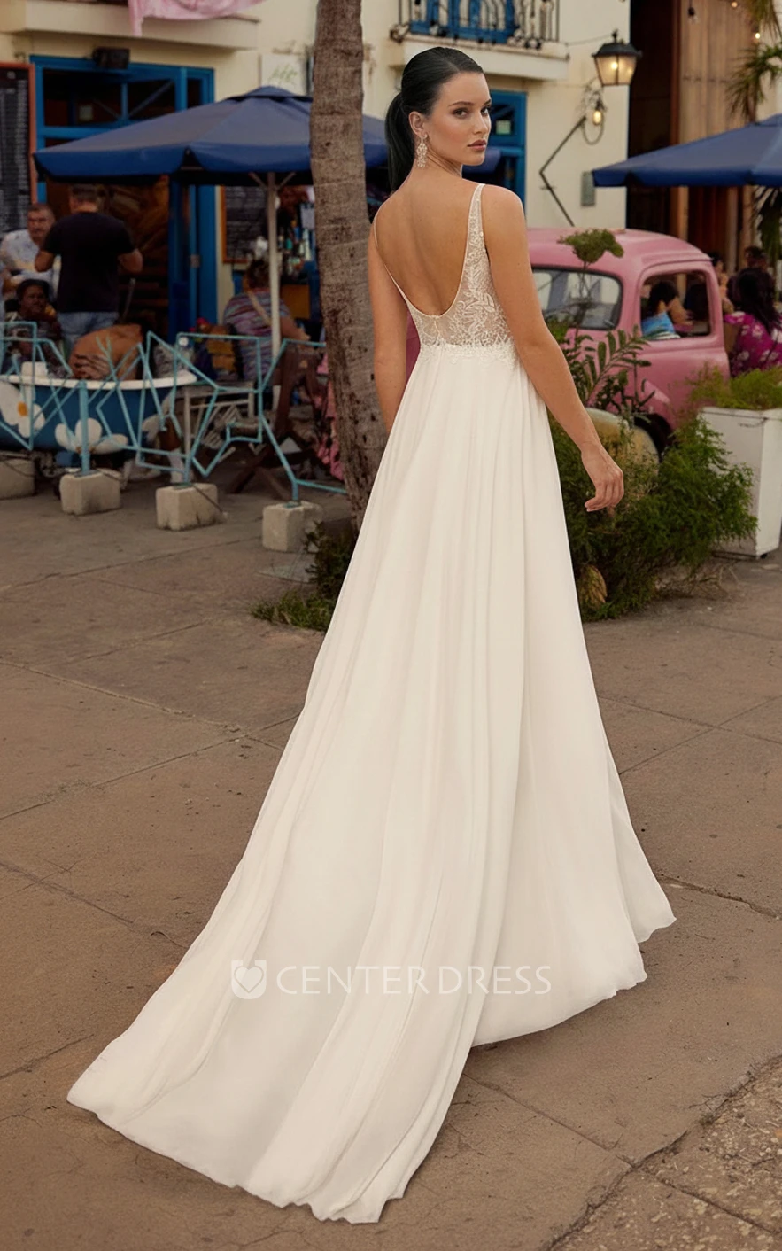 Elegant Romantic A-Line Wedding Dress with Plunging V-Neck Lace Bodice and Chiffon Skirt Boho Bridal Gown