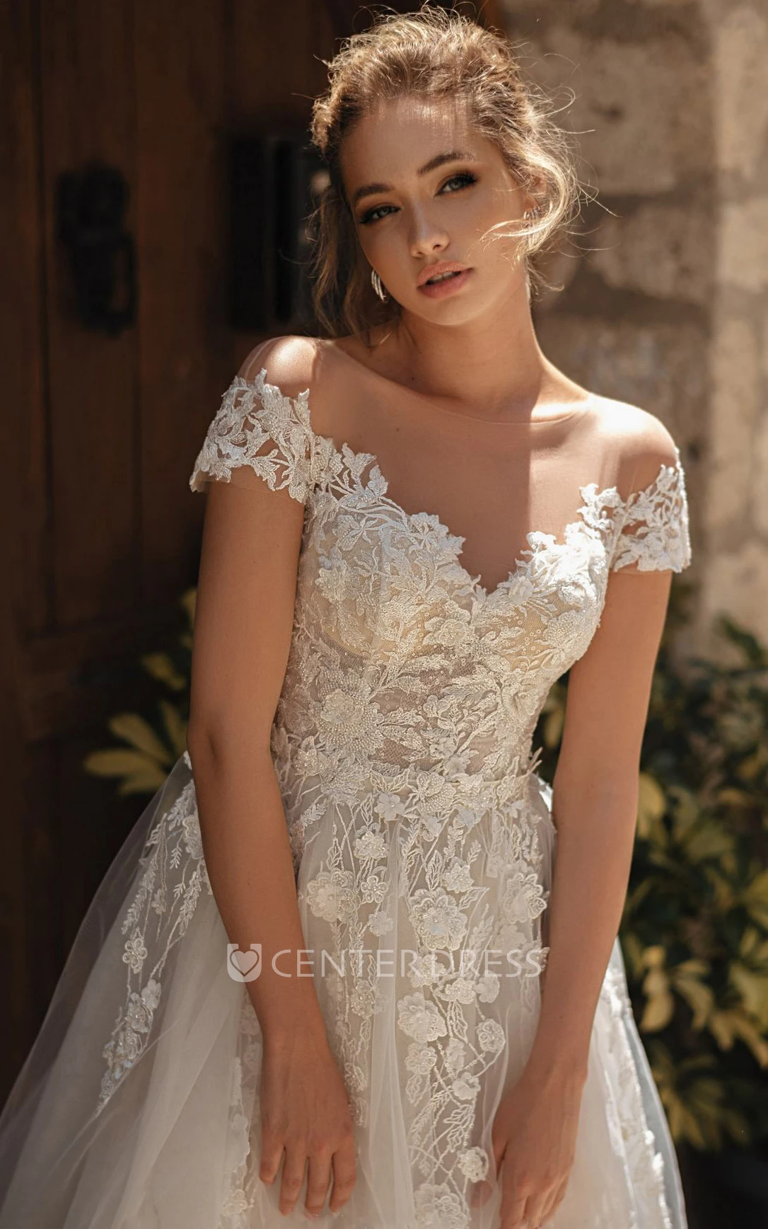 Romantic A Line Lace Off-the-shoulder Brush Train Short Sleeve Warm Wedding Dress With Appliques