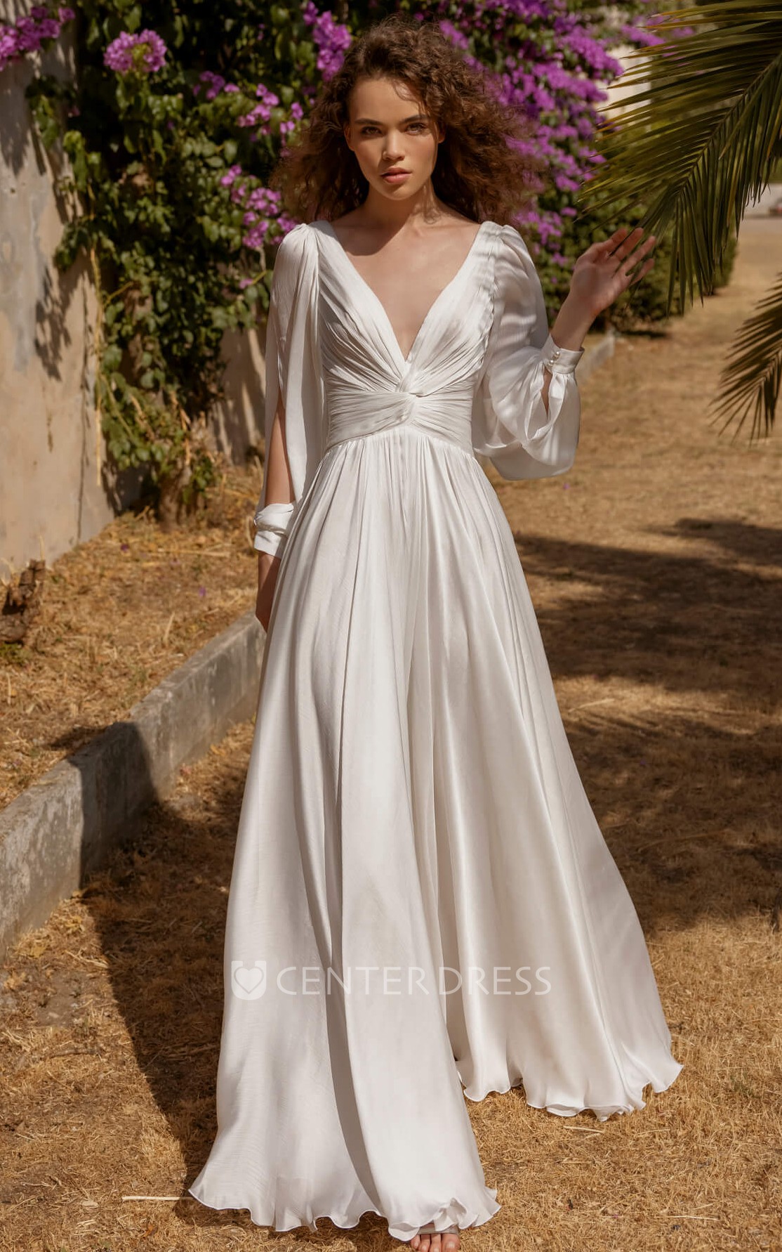 Satin deep v neck hotsell wedding dress