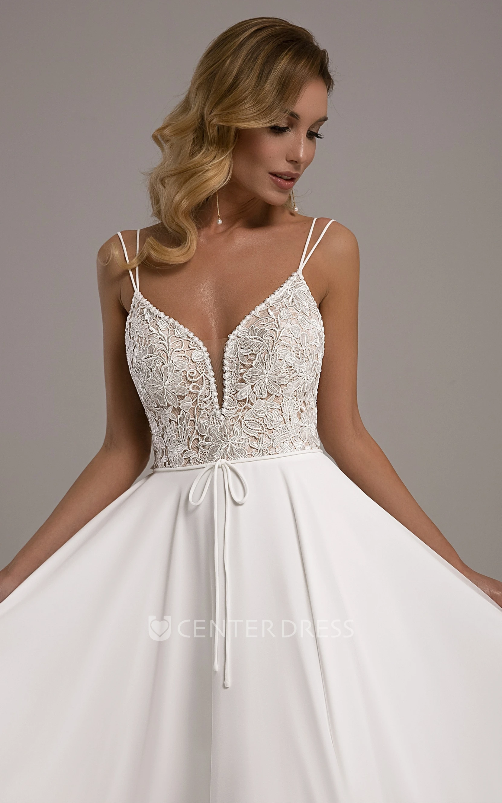 Modern A-Line Chiffon and Lace Plunging Neckline Court Train Wedding Dress