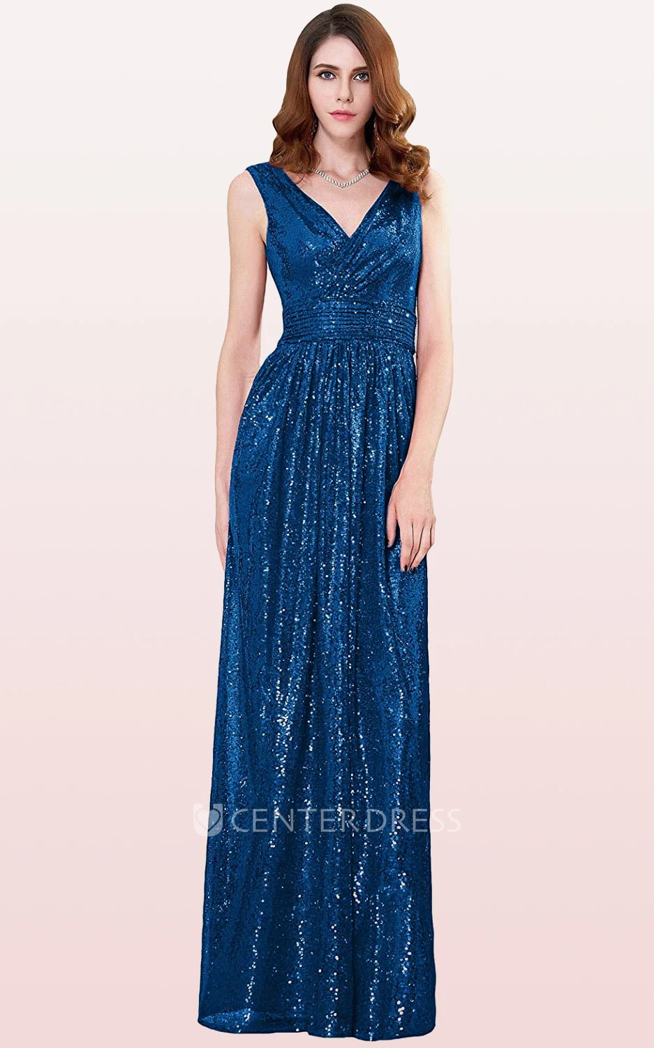 Sequins Floor-length V-neck A Line Sleeveless Bridesmaid Dress With Ruching
