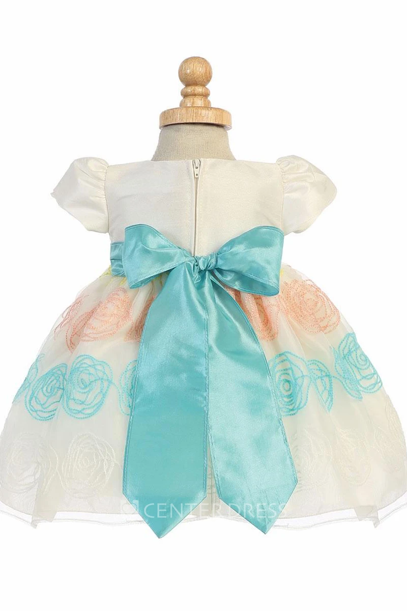 Embroideried Tea-Length Bowed Floral Organza&Taffeta Flower Girl Dress With Ribbon
