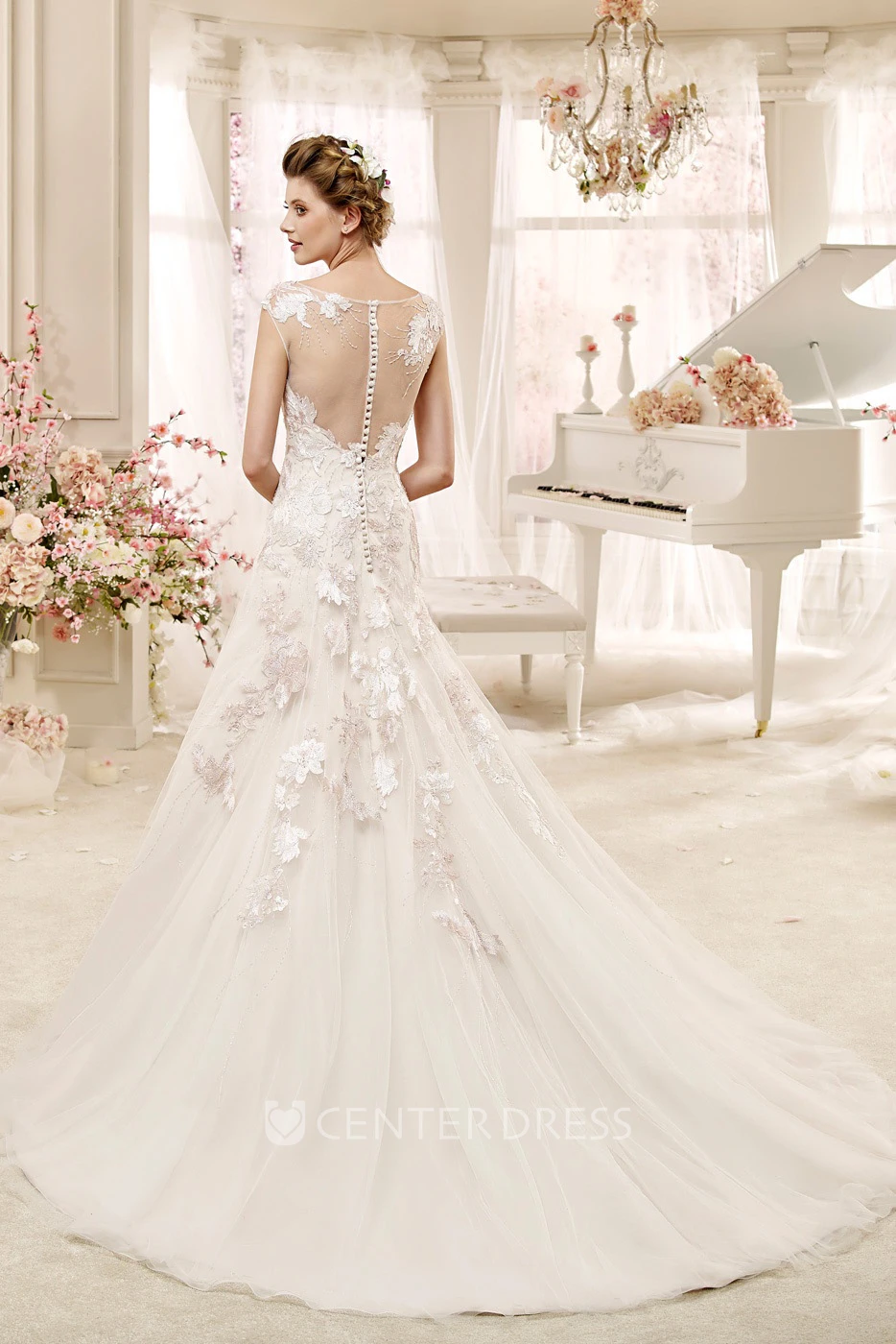 Cap sleeve Illusion Wedding Gown with Appliques and Court Train