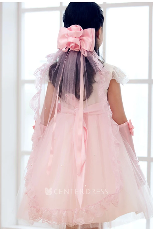Princess Ruffled Lace Tier Tulle Flower Girl Veil with Bow
