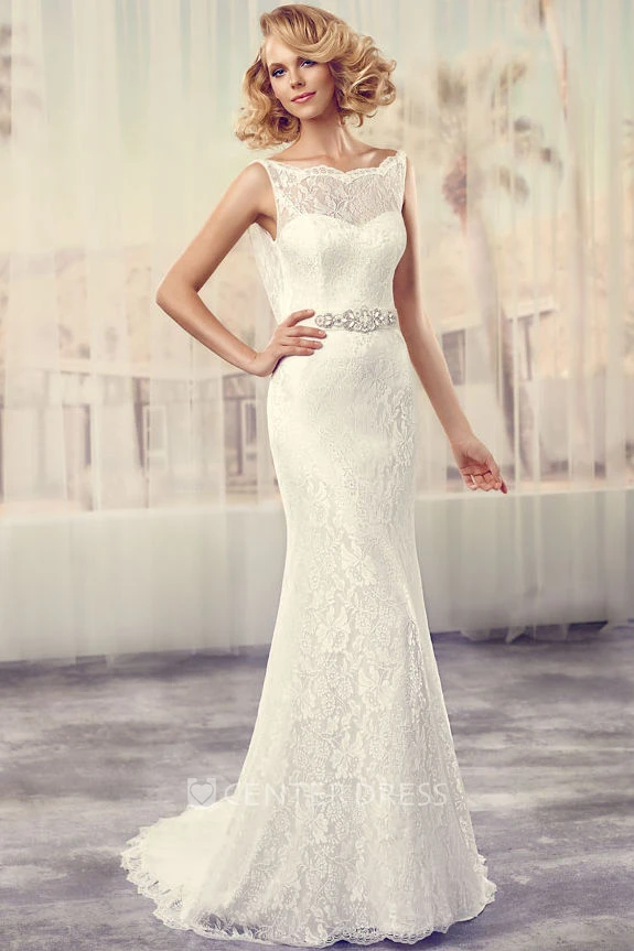 Maxi Bateau Jeweled Lace Wedding Dress With Sweep Train And V Back