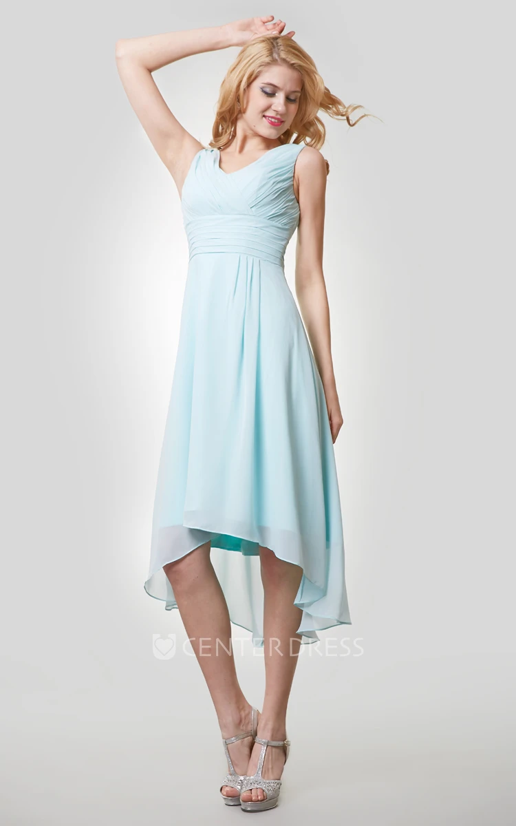 High-Low V-Neck Chiffon Sleeveless Bridemaid Dress With Ruching