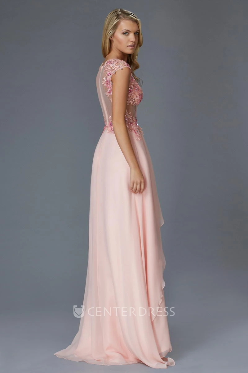 A-Line Maxi Scoop-Neck Cap-Sleeve Chiffon Illusion Dress With Appliques