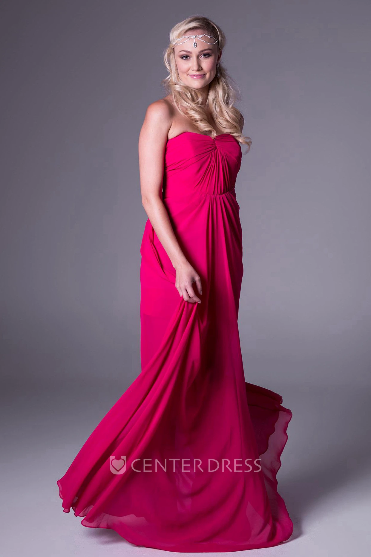 Ruched Sleeveless Sweetheart Empire Chiffon Bridesmaid Dress With Brush Train