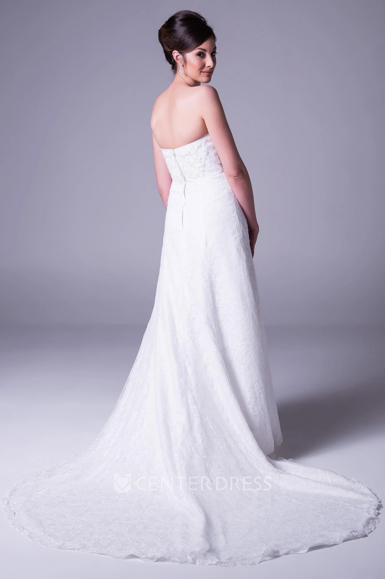Sheath Draped Strapless Lace Wedding Dress With Court Train